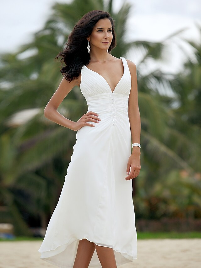 A-Line Wedding Dresses V Neck Asymmetrical Chiffon Spaghetti Strap Formal Casual Backless