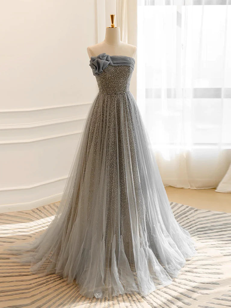 A-Line Tulle Sequin Long Prom Dress Sparkly