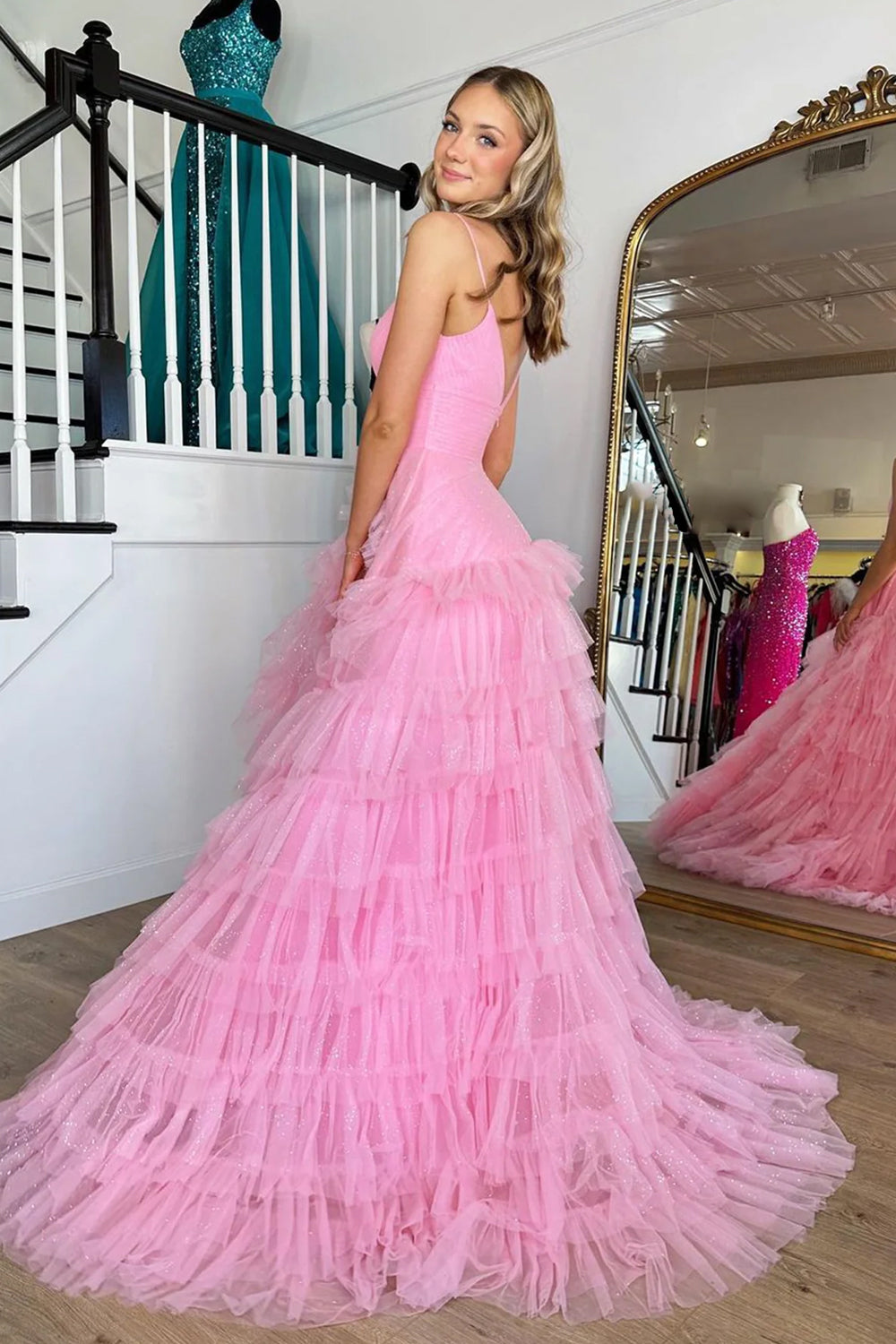 Pink A-Line Deep V Neck Tiered Long Prom Dress With Slit Sexy