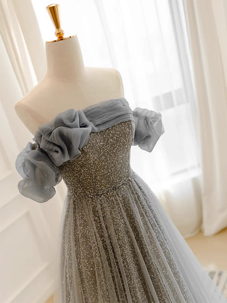 A-Line Tulle Sequin Long Prom Dress Sparkly