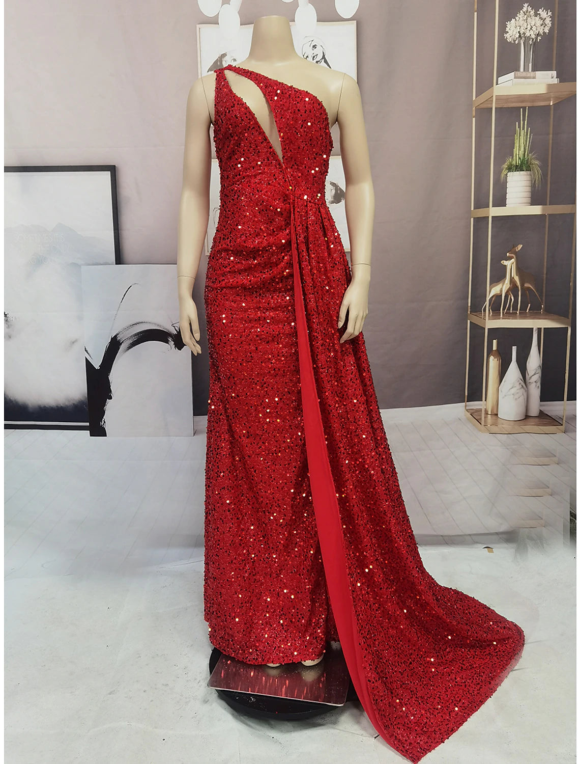 Mermaid / Trumpet Sparkle & Shine High Split Prom Formal Evening Dress One Shoulder Sleeveless Court Train Sequined