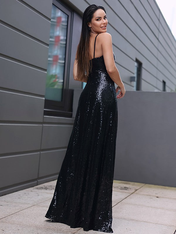 Sequins Ruffles V-neck Sleeveless Floor-Length Dresses Sparkly Evening Dresses