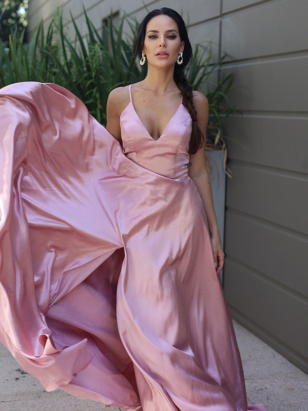 A-Line Princess Silk like Satin Ruffles V-neck Sleeveless Dresses Party Dresses