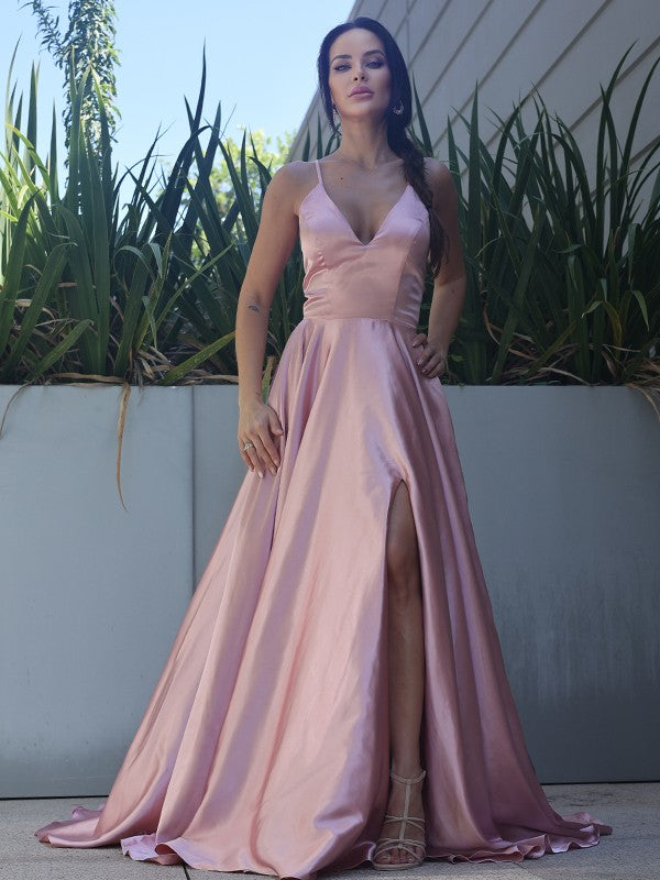 A-Line Princess Silk like Satin Ruffles V-neck Sleeveless Dresses Party Dresses