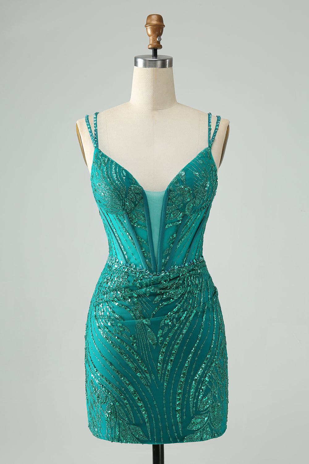 Classy Dark Green Bodycon Spaghetti Straps Corset Sequin Short Homecoming Dress Sexy