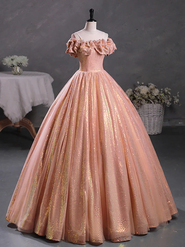 A-Line Off Shoulder Sequin Long Prom Dress Sparkly