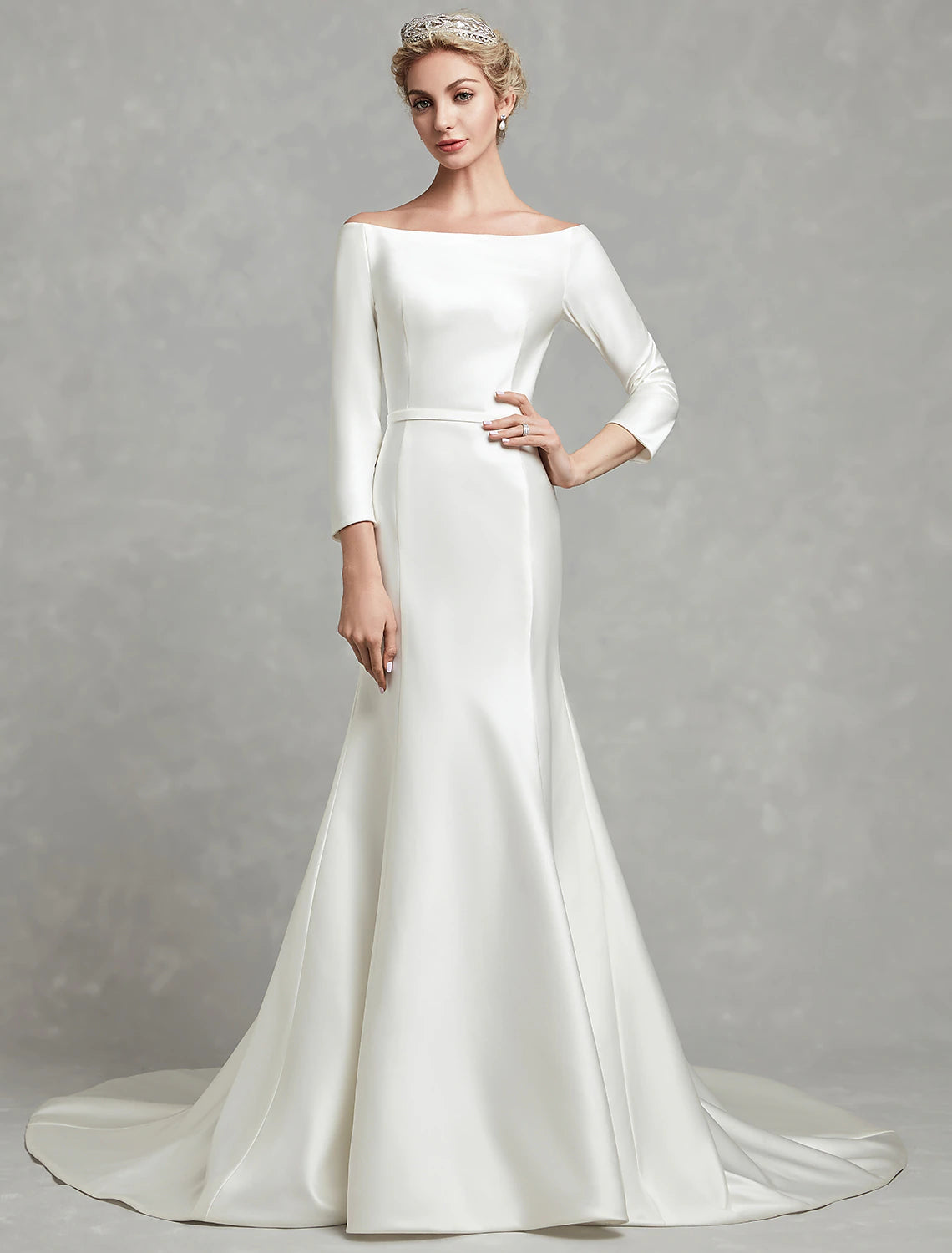Simple Wedding Dresses Mermaid / Trumpet Off Shoulder 3/4 Length Sleeve Chapel Train Satin Bridal Gowns With Pleats