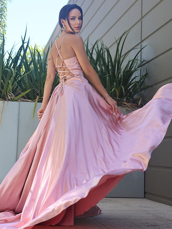 A-Line Princess Silk like Satin Ruffles V-neck Sleeveless Dresses Party Dresses