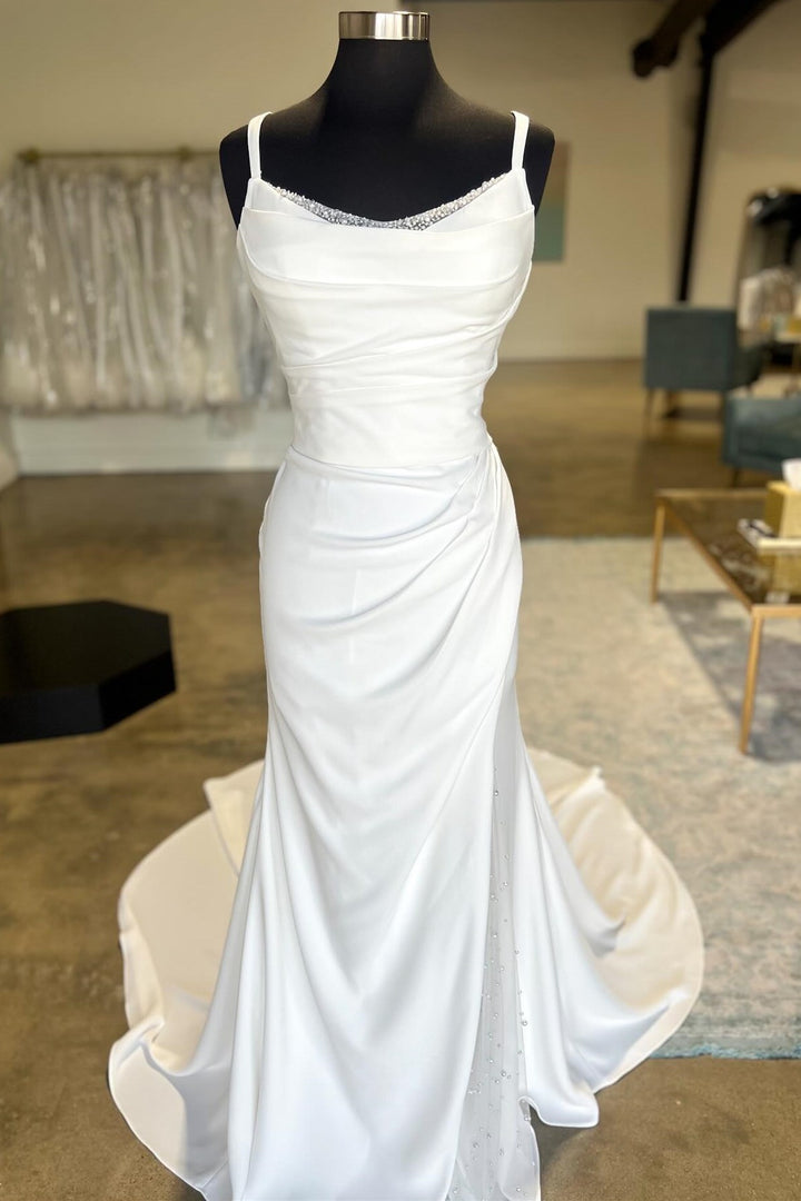 White Backless Ruched Wedding Dress with Detachable Sleeves Open Back