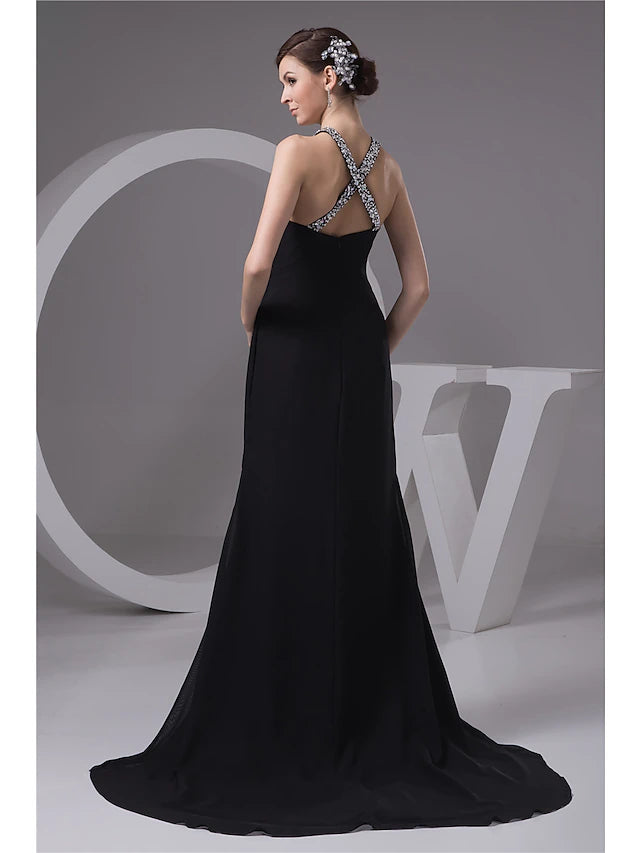 Mermaid / Trumpet Evening Gown Sexy Dress Engagement Court Train Sleeveless Halter Chiffon with Beading