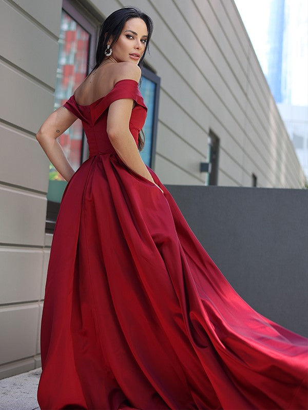 A-Line Princess Satin Ruffles Off-the-Shoulder Sleeveless Dresses Party Dresses