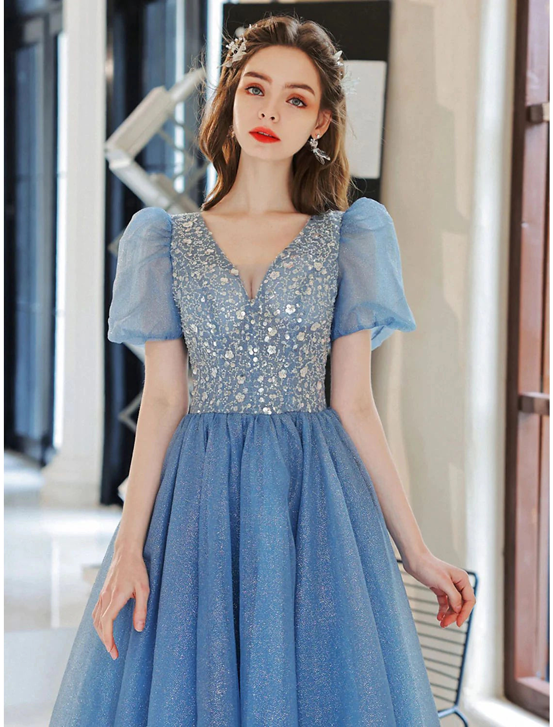 Ball Gown A-Line Evening Gown Floral Dress Prom Floor Length Short Sleeve V Neck Tulle with Glitter Beading