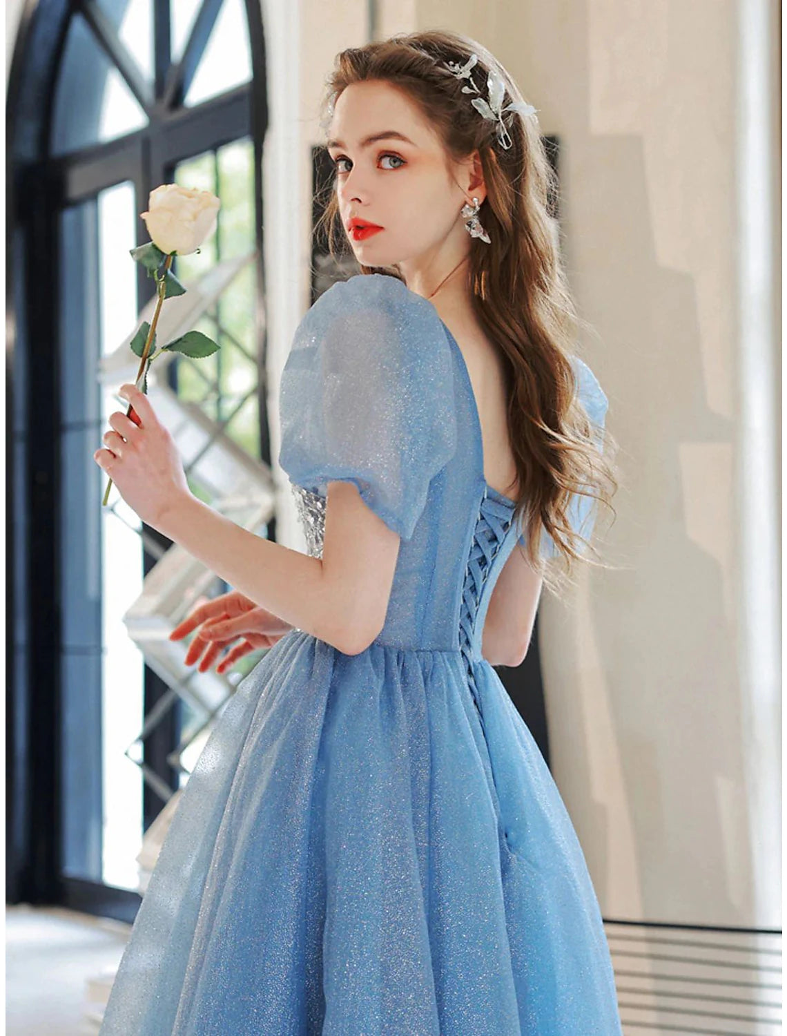 Ball Gown A-Line Evening Gown Floral Dress Prom Floor Length Short Sleeve V Neck Tulle with Glitter Beading