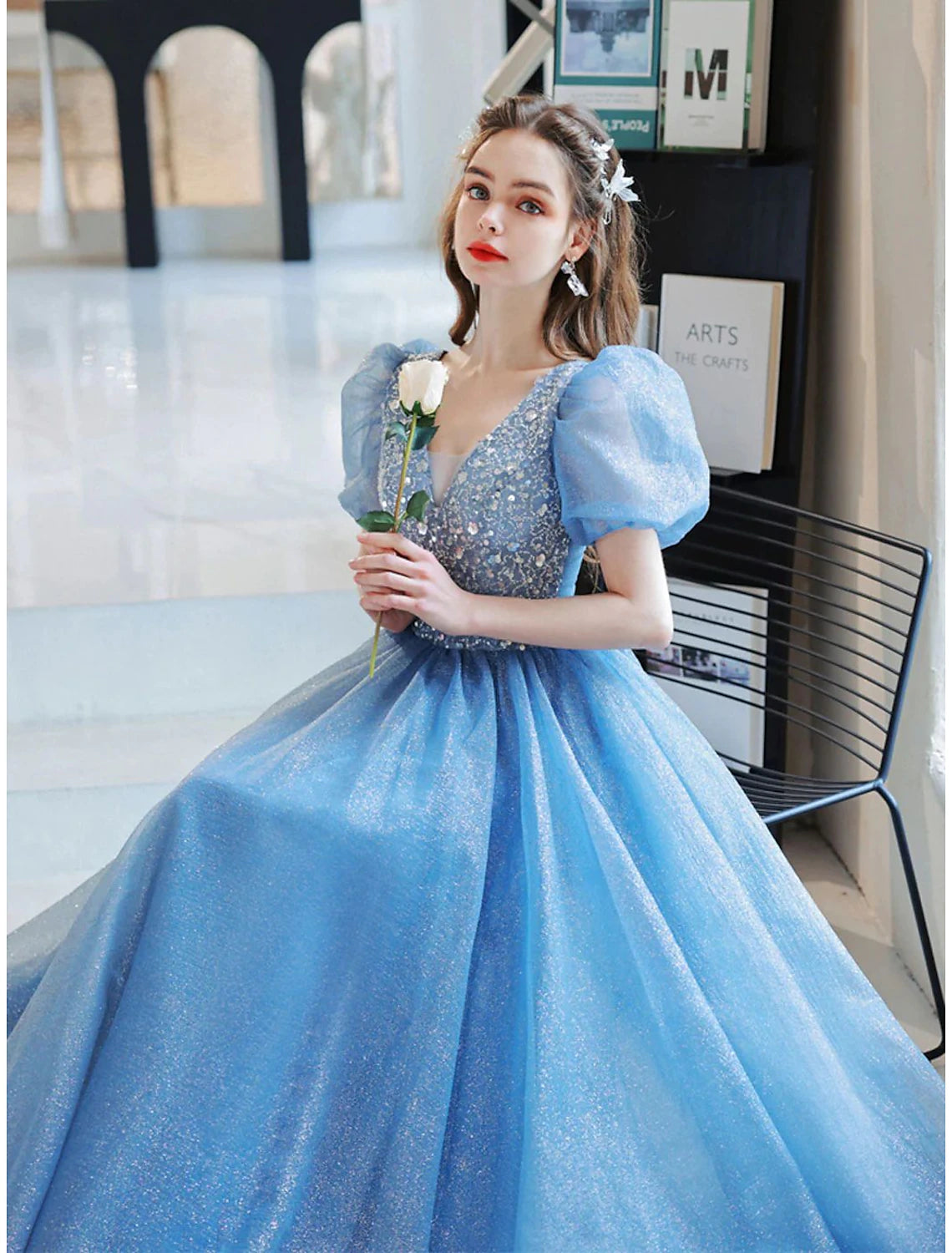 Ball Gown A-Line Evening Gown Floral Dress Prom Floor Length Short Sleeve V Neck Tulle with Glitter Beading