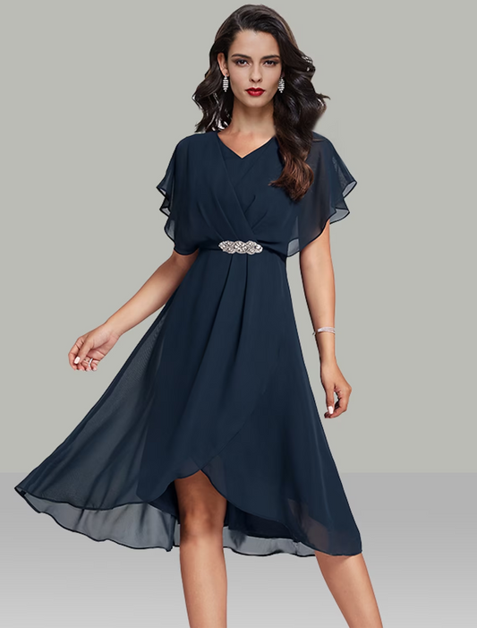 A-Line Wedding Guest Dresses Elegant Dress Semi Formal Tea Length Short Sleeve V Neck Belt / Sash Chiffon