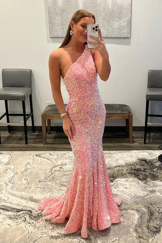 Coral Sequins One Shoulder Mermaid Long Prom Dress Sparkly Evening Dresses