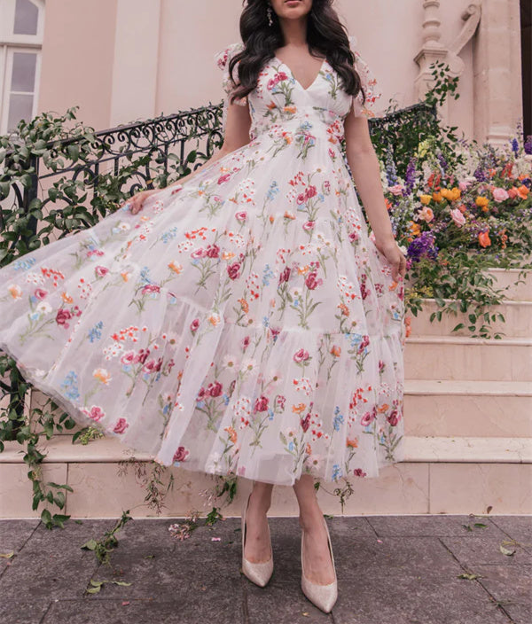 A-Line/Princess V-Neck Short Sleeves Floral Formal Party Dresses With Flowers Beautiful