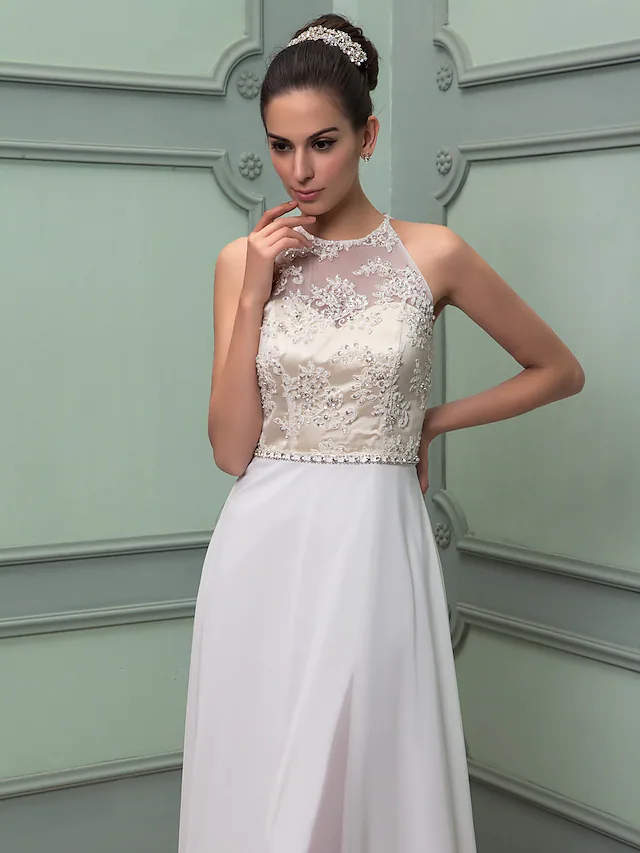Wedding Dresses Jewel Neck Floor Length Chiffon Lace Regular Straps See-Through with Sash Ribbon
