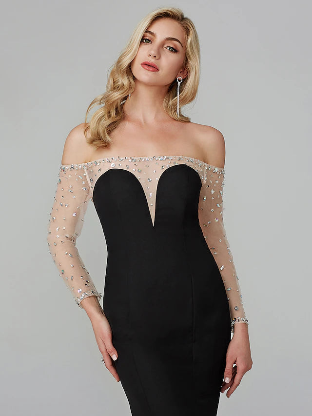 Mermaid / Trumpet See Through Dress Holiday Floor Length Long Sleeve Off Shoulder Chiffon
