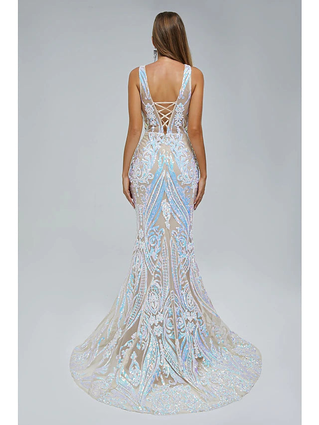 Mermaid / Trumpet Evening Gown Elegant Dress Engagement Court Train Sleeveless V Neck Sequined