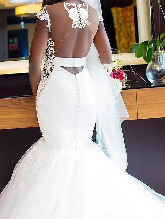 Wedding Dresses V Neck Chapel Train Lace Tulle Lace Over Satin Regular Straps Sexy Backless