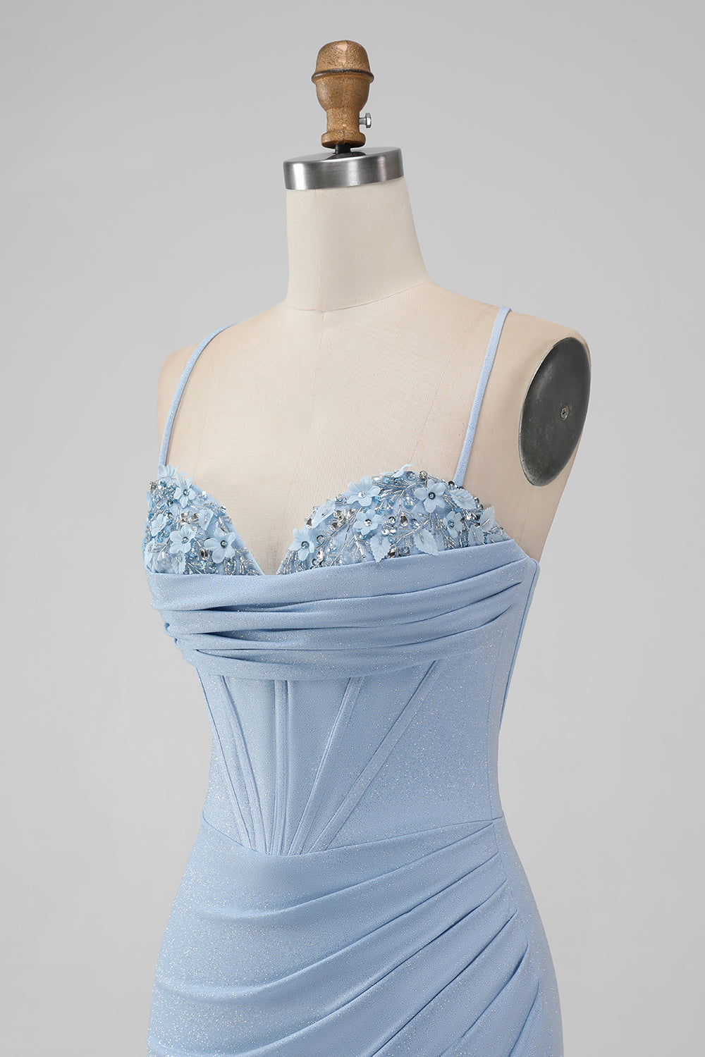 Light Blue Bodycon Spaghetti Straps Corset Short Homecoming Dress With Flowers