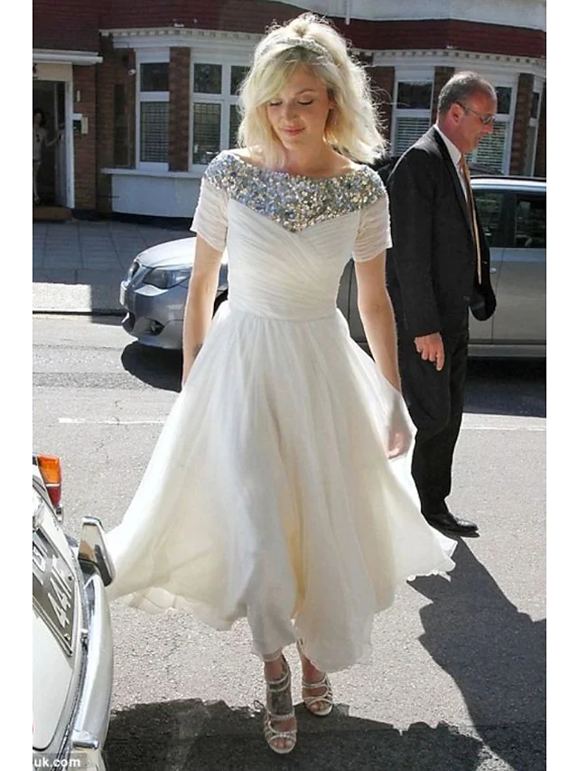 A-Line Wedding Dresses Jewel Neck Tea Length Chiffon Sequined Short Sleeve Country Romantic Sparkle & Shine with Pleats