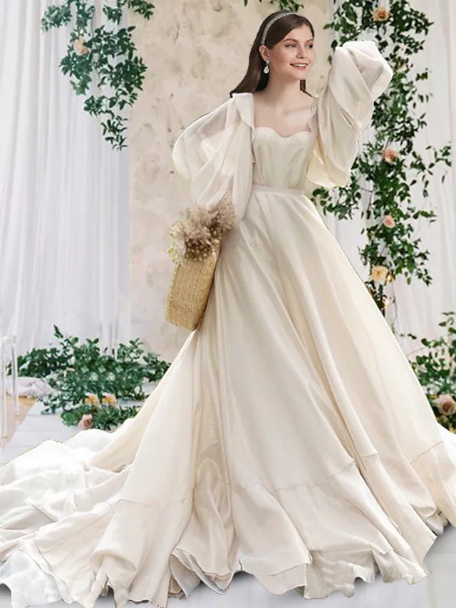 A-Line Wedding Dresses Scoop Neck Chapel Train Chiffon Long Sleeve Formal Simple Luxurious with Pleats Beautiful