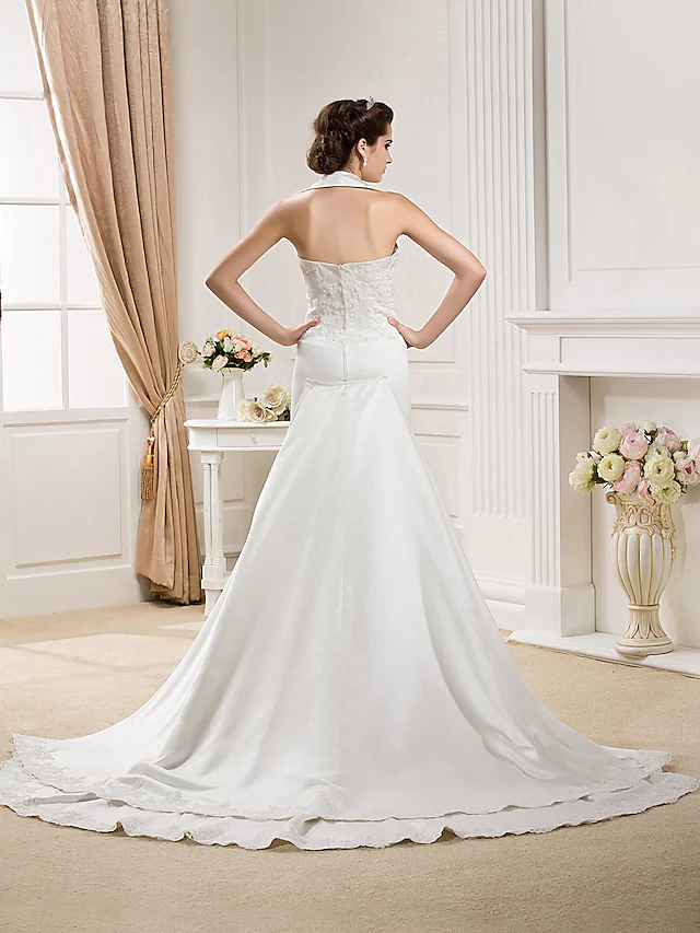Long Wedding Dresses Halter Neck Court Train Satin Sleeveless