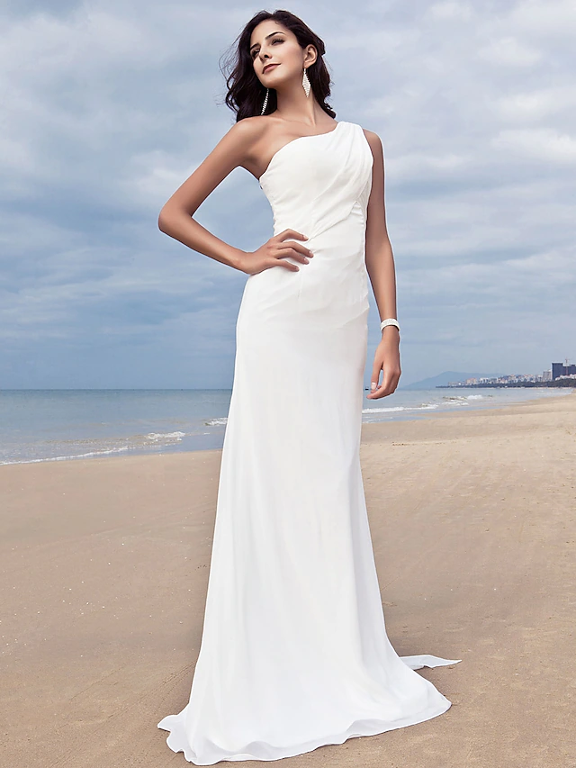 Wedding Dresses One Shoulder Chiffon Regular Straps Simple Plus Size Pure Color