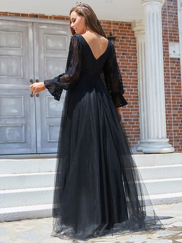 A-Line Wedding Dresses V Neck Floor Length Lace Tulle Long Sleeve Romantic Sexy Black with Pleats