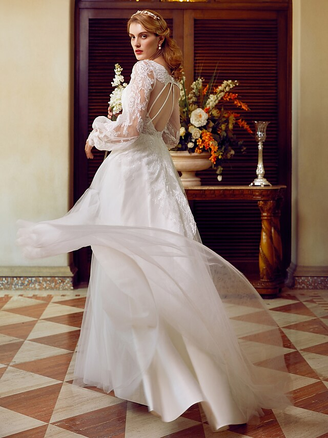 A-Line Wedding Dresses V Neck Lace Tulle Long Sleeve See-Through Pure Color