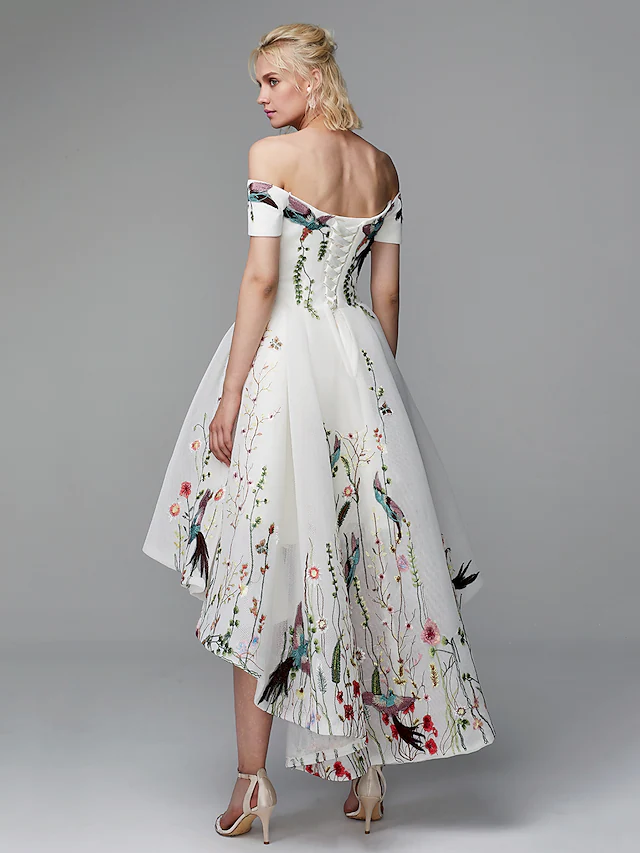Ball Gown Elegant Floral High Low Cocktail Party Prom Valentine's Day Dress Off Shoulder Short Sleeve Asymmetrical Polyester
