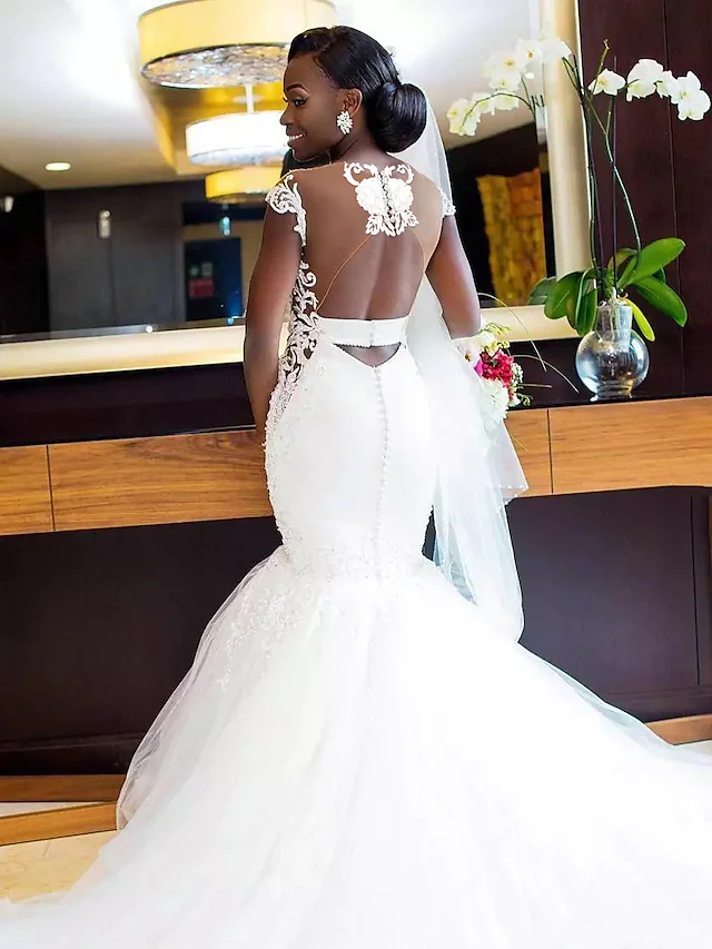Wedding Dresses V Neck Chapel Train Lace Tulle Lace Over Satin Regular Straps Sexy Backless