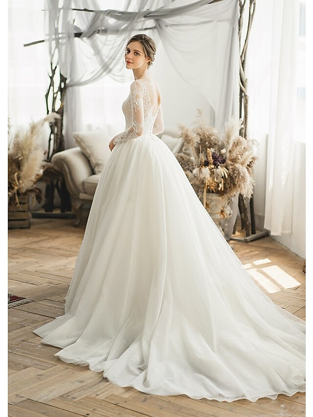 Ball Gown Wedding Dresses V Neck Chapel Train Tulle Long Sleeve Formal with Pleats