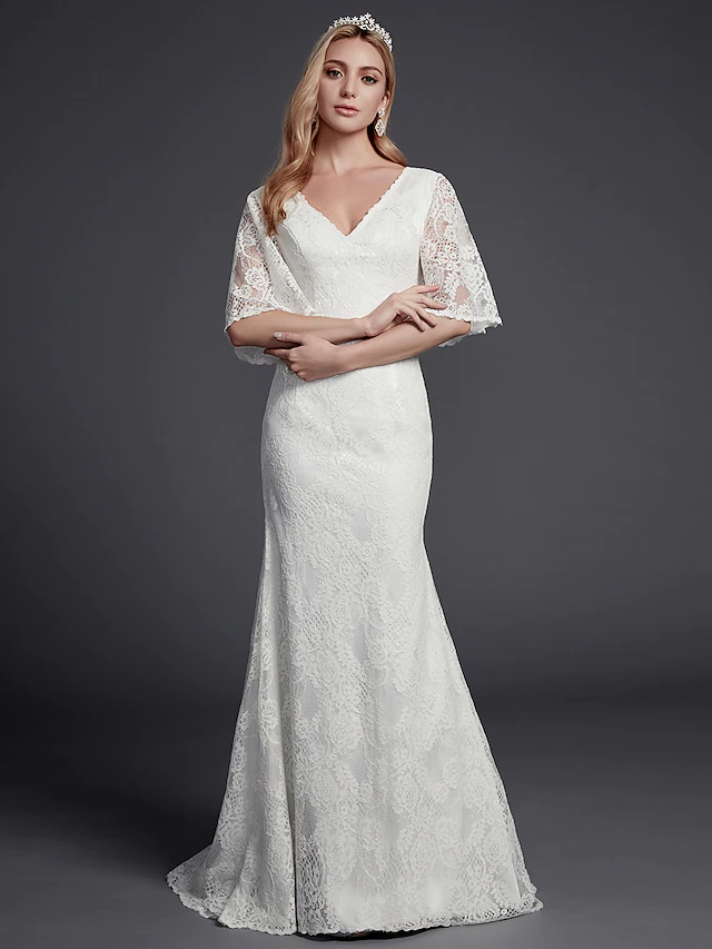Long Wedding Dresses V Neck Lace Half Sleeve Beautiful Back with Lace