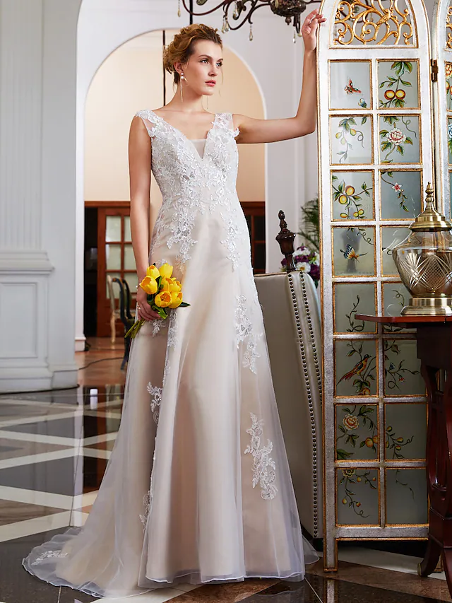 A-Line Wedding Dresses V Neck Court Train Lace Tulle Regular Straps Romantic Illusion Detail with Beading