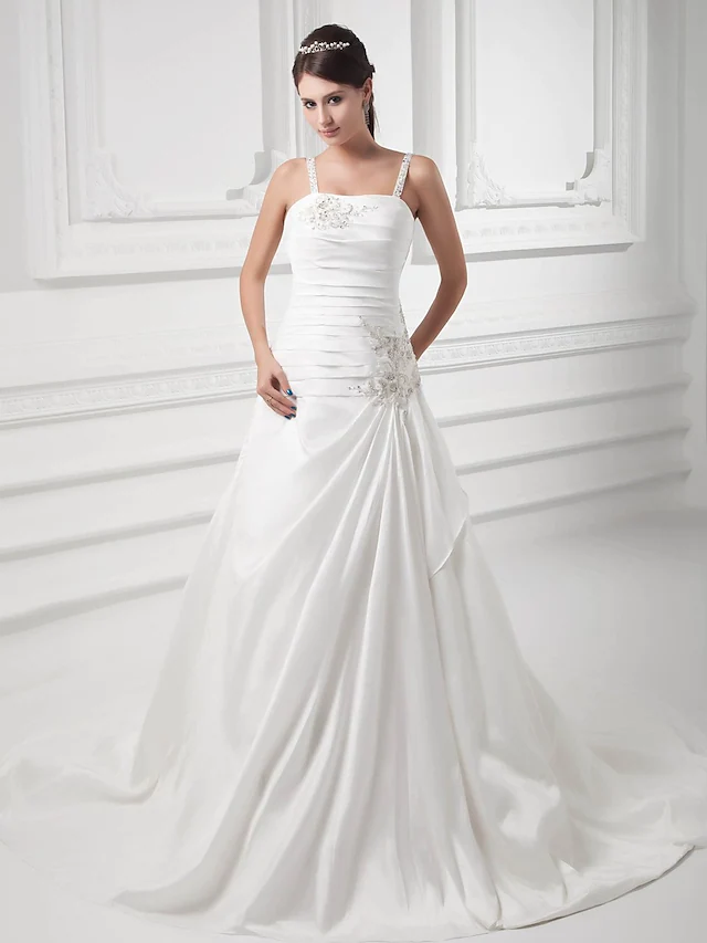 A-Line Wedding Dresses Square Neck Court Train Satin Taffeta Spaghetti Strap with Ruched Beading