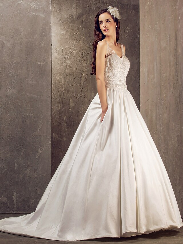 Princess A-Line Wedding Dresses V Neck Lace Taffeta Sleeveless Long