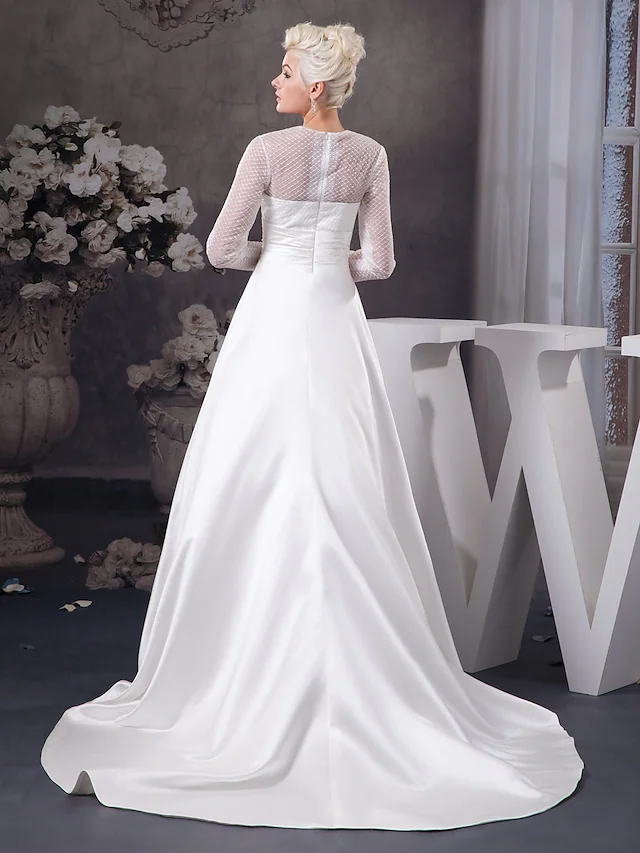 A-Line Wedding Dresses Jewel Neck Court Train Satin Tulle Length Sleeve Illusion Sleeve with