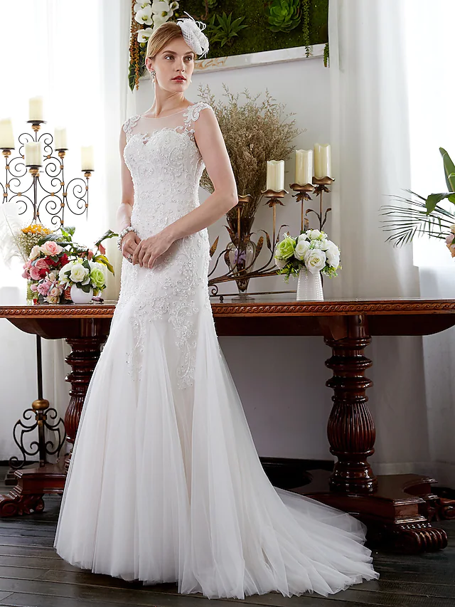 Wedding Dresses Illusion Neck Court Train Tulle Sleeveless Sparkle & Shine with Beading