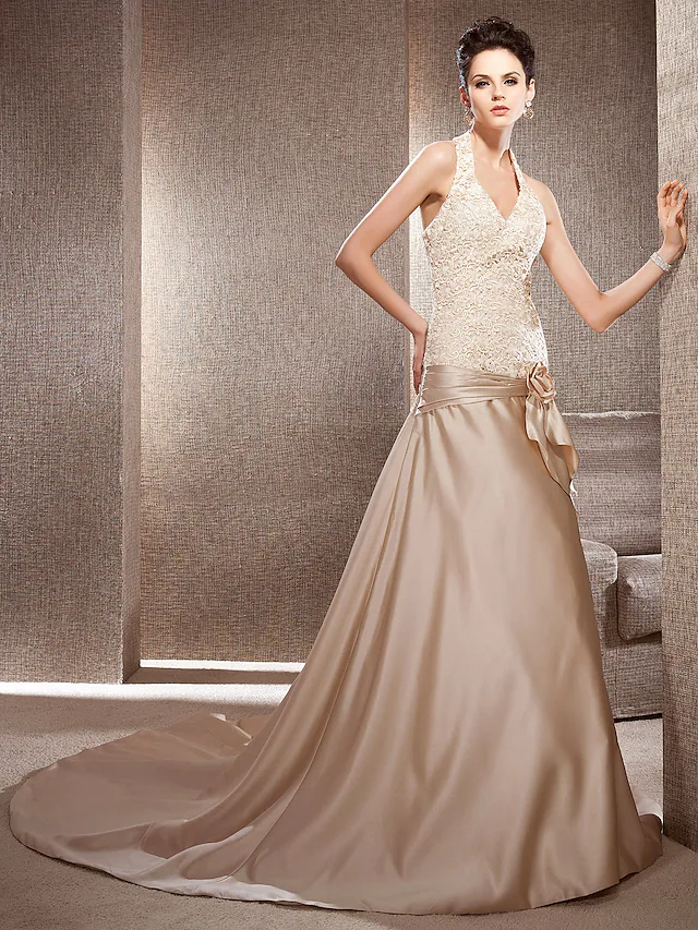 Princess A-Line Wedding Dresses V Neck Chapel Train Lace Satin Sleeveless Wedding Dress in Color with Lace Flower