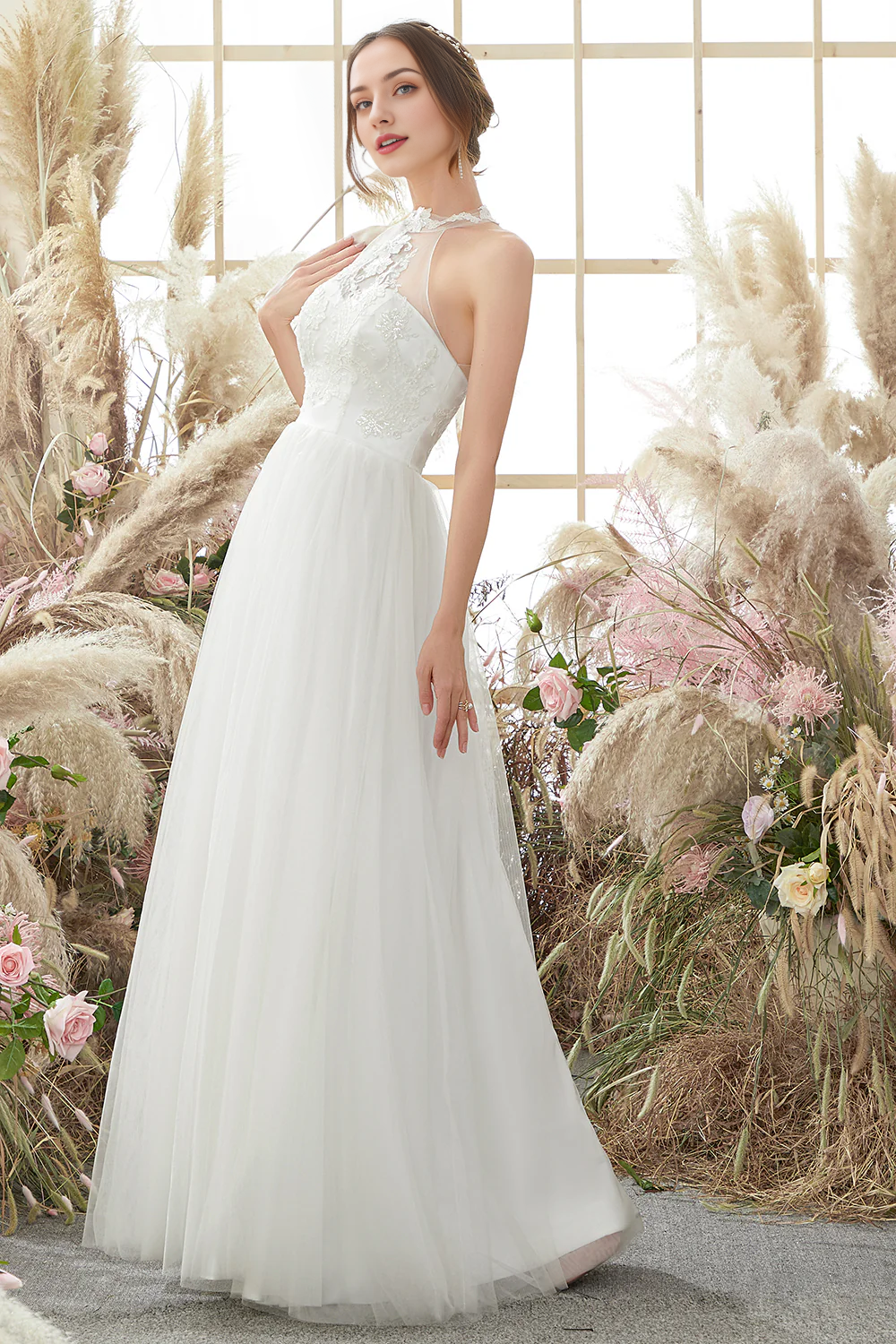 White Halter Neck Wedding Dress Long Sexy Beautiful