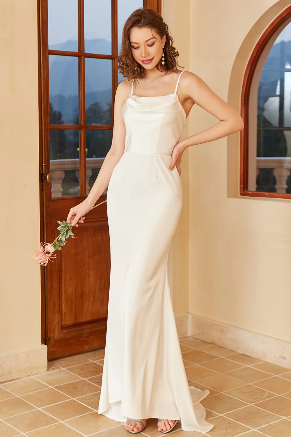 White Spaghetti Straps Simple Wedding Dress Pure Color Long