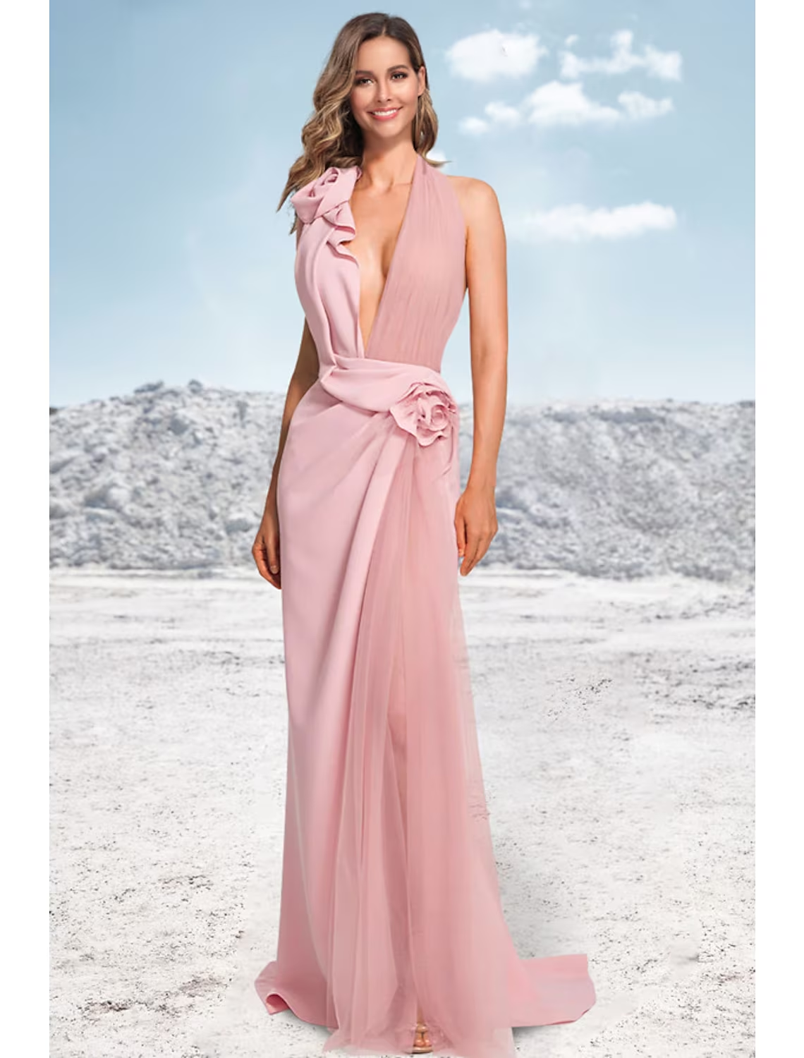 Mermaid / Trumpet Evening Gown Party Dress Formal Sweep / Brush Train Sleeveless Halter Satin