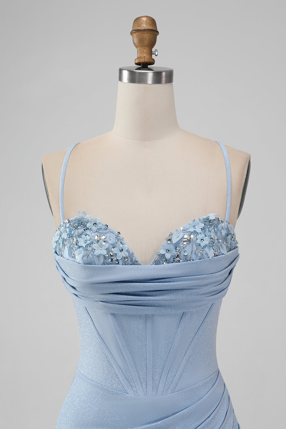 Light Blue Bodycon Spaghetti Straps Corset Short Homecoming Dress With Flowers