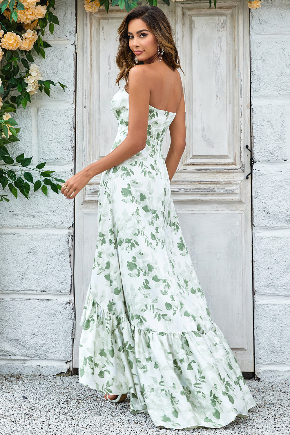 Green Asymmetrical Printed Long Bridesmaid Dress with Strapless Off Shoulder Party Dresses