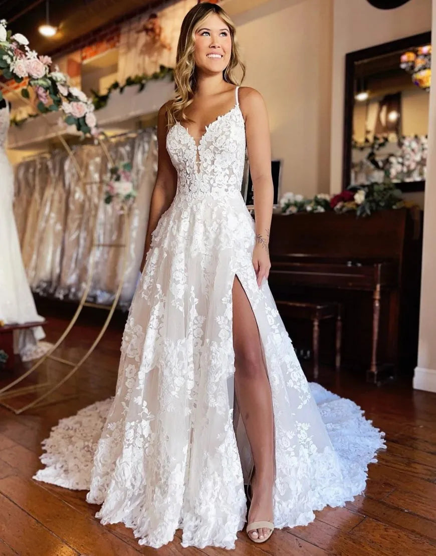 A-Line Spaghetti Lace Wedding Dress With Split V-neck Sexy