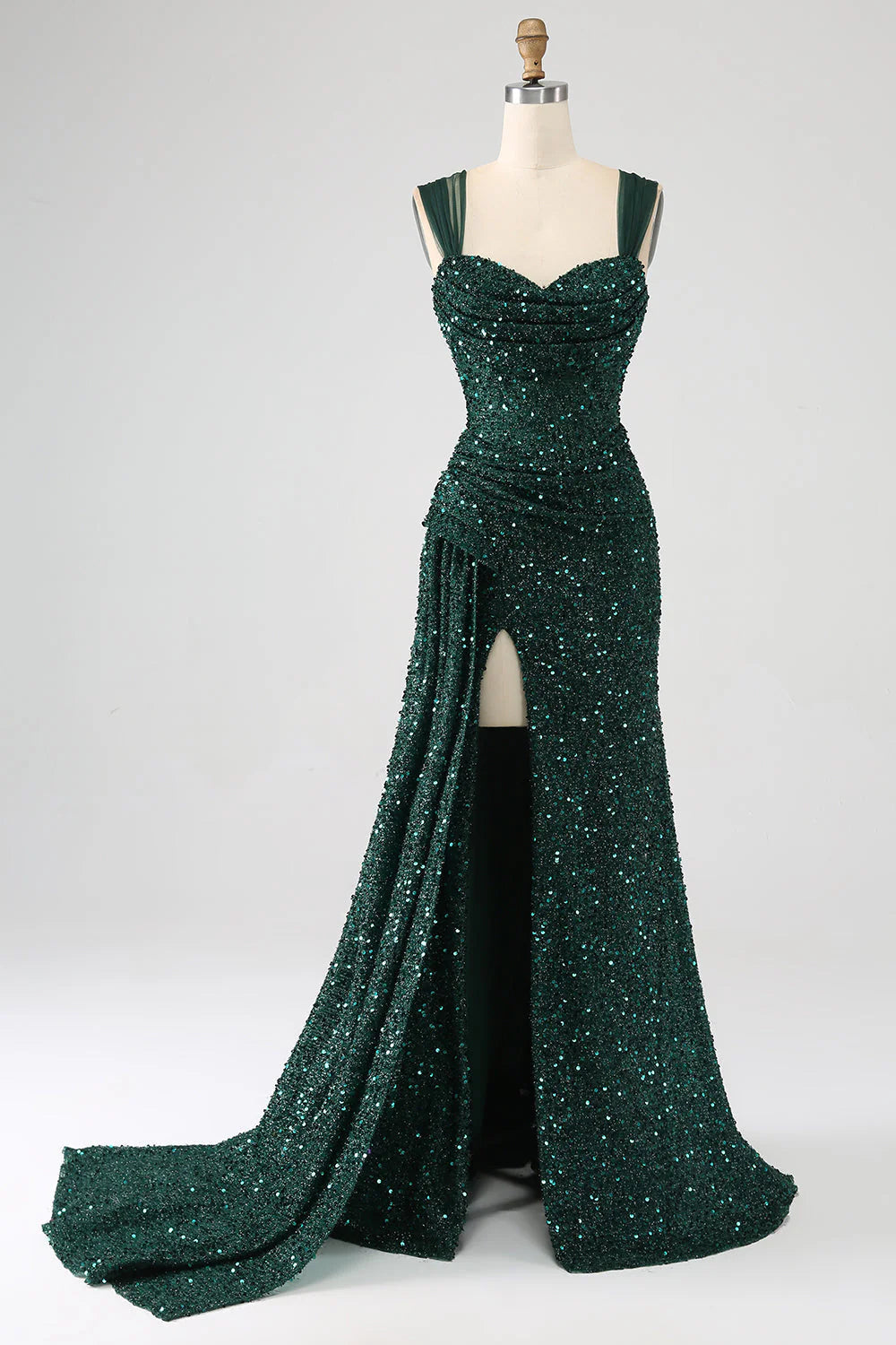Sheath Sequin Pleated Long Prom Dress With Thigh Split Sexy Sparkly