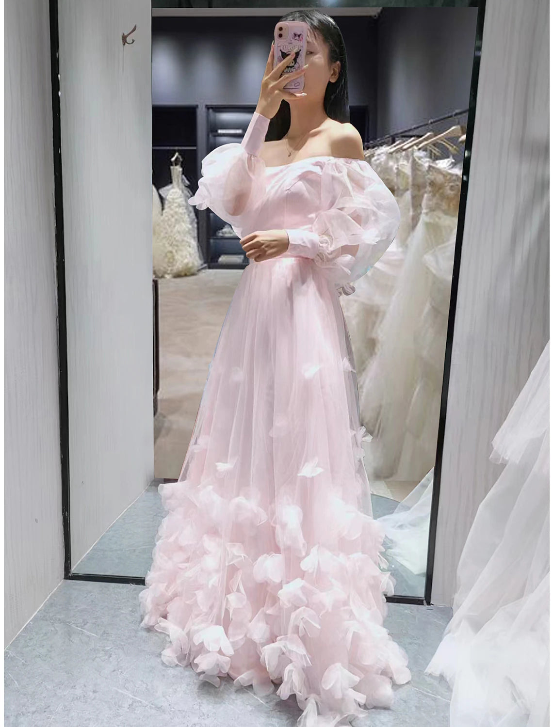 Ball Gown A-Line Evening Gown Floral Dress Prom Floor Length Long Sleeve Off Shoulder Bridesmaid Dress Tull
